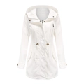 Detail of white hooded trench coat with drawstring waist and invisible zipper closure - S / Tops / White