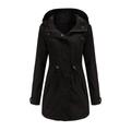 Detail of black hooded parka featuring adjustable waist drawstring with metal tips - S / Tops / Black