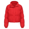 Detail of red padded jacket featuring stand-up collar and elasticized hem with size label - Red