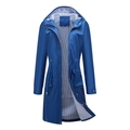 Close-up of royal blue hooded trench coat featuring striped lining and adjustable waist drawstring - Navy Blue