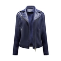 Detailansicht der dunkelblauen Lederjacke mit schrägem Reißverschluss und Schulterfalten - S / Marineblau