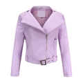 Detalle de chaqueta motera de PU lavanda con solapas y detalles de mangas acolchadas - S / Rosa Cereza Claro