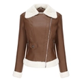 Detalle de chaqueta de cuero sintético marrón con forro de piel sintética blanca y cremalleras - XS / café
