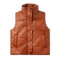 Gilet matelassé en similicuir marron pour femme avec col montant et boutons-pression - S / Camel
