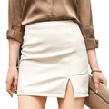 Elegant cream PU leather high waisted mini skirt with a subtle front side slit - XS / Off White