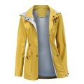 Women's yellow waterproof rain jacket with striped lining and adjustable drawstring waist - Mustard Yellow