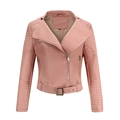 Detalle de chaqueta motera de piel sintética rosa con solapas y cinturón ajustable - S / Rosa