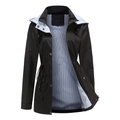 Women's black hooded trench coat with adjustable waist and blue striped lining - Midnight Black