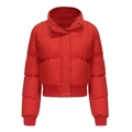Detail of red padded jacket featuring a stand-up collar and ribbed windproof cuffs - Red