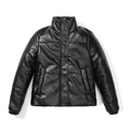 Women's black PU leather puffer jacket with stand collar and hidden snap buttons - S / Black