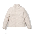 Women's minimalist cream white faux leather puffer jacket with stand collar and buttons - 2XL / Off White