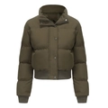 Detail of olive green quilted puffer jacket with stand collar and rib-knit cuffs - Olive Green