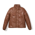 Women short brown faux leather puffer jacket with stand collar and warm padded filling - S / Brown