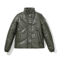 Short dark green puffer jacket in glossy faux leather with a warm stand-up collar design - S / Olive Green