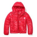 Chaqueta acolchada roja brillante para mujer con capucha y acabado metálico resistente al agua - S / Tops / Rojo