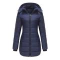 Detail view of water-resistant navy blue quilted jacket with hood and high collar zip - Dark Blue