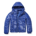 Chaqueta con capucha azul real para mujer con acabado metálico brillante y tela impermeable - S / Tops / Azul zafiro