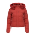 Detailansicht der roten Damen-Pufferjacke mit abnehmbarer Kunstfellkapuze und Reißverschluss - M / Rot