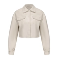 Flat lay of beige faux leather cropped jacket with lapels and snap buttons - Off White