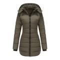 Detailed view of olive green hooded puffer coat featuring windproof ribbed cuffs and zipper - Olive Green