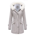Detail of light gray hooded parka with thick white faux fur collar and drawstring waist - Gray