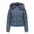 Detailed view of the faux fur trim and horizontal quilting on a blue padded winter coat - Grey Blue