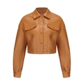 Dettaglio ravvicinato della giacca in pelle PU marrone con revers classici e tasche - S / Cammello