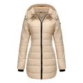 Detail view of water-resistant beige puffer coat with hood and black contrast zippers - Apricot