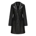 Detalle de gabardina larga de cuero negro con solapas y bolsillos de solapa - S / Negro