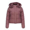 Detailansicht der Damen Winterjacke in Altrosa mit flauschiger Kapuze und Reißverschluss - M / Hellrot