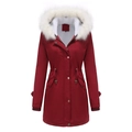 Detail of dark red winter parka featuring detachable white faux fur collar and plush lining - S / Burgundy