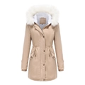 Detail of winter parka with fluffy faux fur hood and warm sherpa fleece lining inside - Apricot