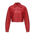 Dettaglio della giacca in ecopelle rossa con bottoni frontali e tasche con patta - S / Rosso