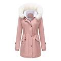 Detailed view of pink winter parka featuring fluffy white faux fur lining and drawstring waist - M / Pink