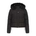 Close-up of winter jacket featuring a plush faux fur hood and warm quilted texture - Black