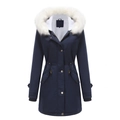 Detailed view of women's navy parka with fluffy white faux fur collar and cozy fleece lining - S / Dark Blue