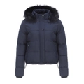 Detail view of the navy blue winter jacket featuring a plush black faux fur collar hood - Dark Blue