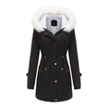 Detailed view of women's black winter parka with white faux fur hood and warm fleece lining - Black