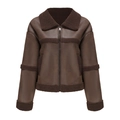Detailansicht der braunen Wildlederimitat-Bikerjacke mit Plüschfutter und Reißverschluss - 3XL / Kaffeebraun