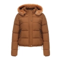 Detailansicht der warmen karamellfarbenen Winterjacke mit Webpelzkragen und Steppung - M / Camel