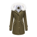 Detail view of winter parka with white faux fur collar and lamb wool lining - S / Olive Green