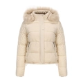 Detail of cream winter puffer jacket with faux fur hood and snap button closure - Apricot