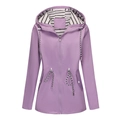 Detail view of purple hooded raincoat with striped lining and adjustable drawstrings - Light Purple