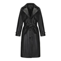 Detail of classic black PU leather trench coat showing wide lapels and belted waist design - S / Black