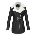 Women's black faux leather biker jacket with white faux fur collar and waist belt - S / Tops / Black