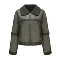 Detail der olivgrünen Wildlederjacke mit flauschigem Lammfellbesatz und Metallreißverschluss - S / Armeegrün