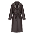 Close-up of brown PU leather trench coat showing classic lapel and matching waist belt - S / Coffee