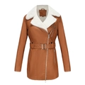 Brown faux leather jacket with plush white fleece collar and adjustable waist belt - S / Tops / Camel