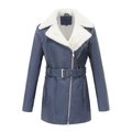 Women's blue faux leather warm jacket with white faux shearling collar and belt - S / Tops / Denim Blue
