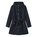Flat lay of a navy blue hooded water-resistant windbreaker with adjustable waist belt - Dark Blue